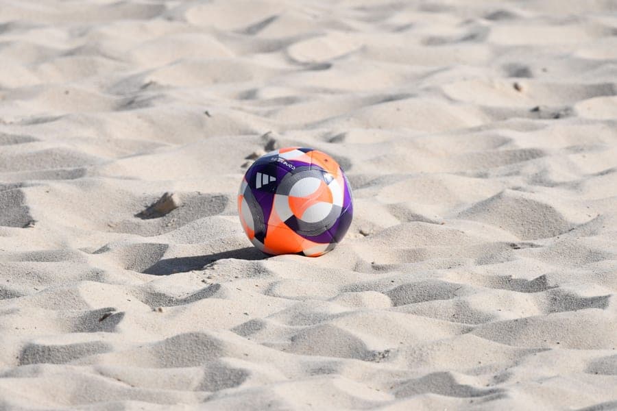 A colorful soccer ball photographed against a plain background